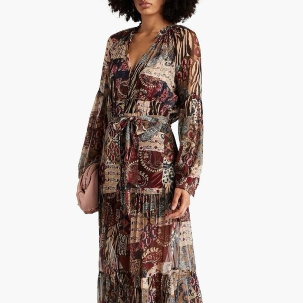 Veronica Beard Isra Multicolor Patchwork Print 100% Silk Maxi Dress Boho Western - Picture 15 of 16